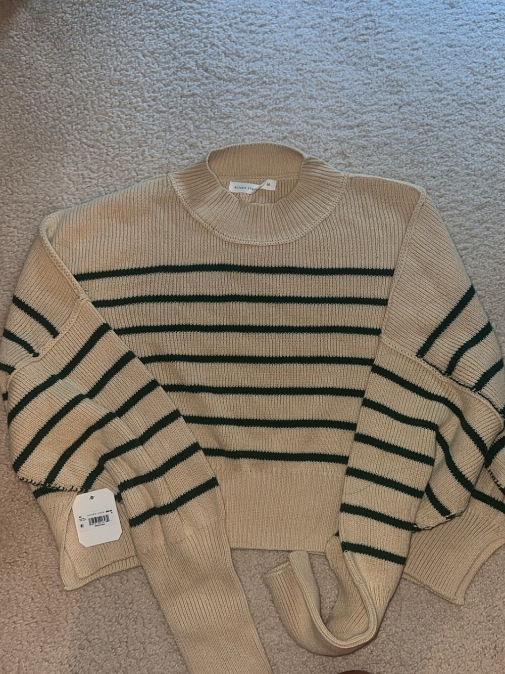 Altar'd State Cream Crewneck Sweater with Dark Green Stripes